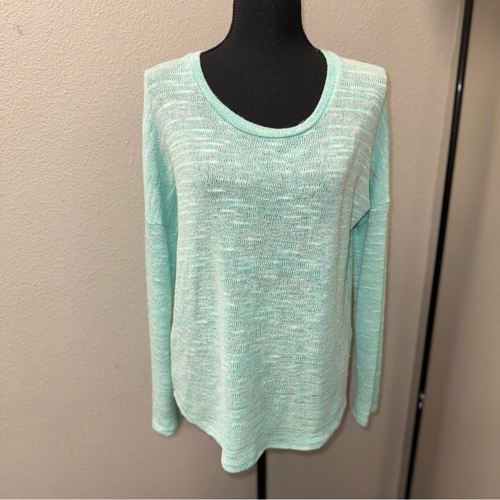 Entro Mint Green Knit Sweater with Crochet Lace Back. Size Small. Boho Chic